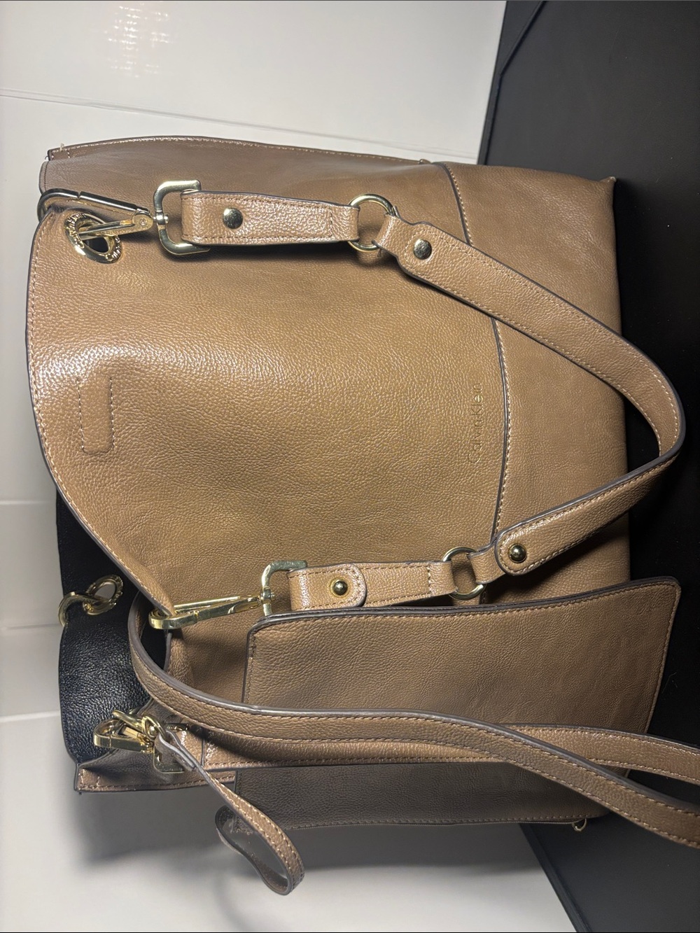 Calvin Klein Tan Leather like Tote with Gold-Tone Hardware